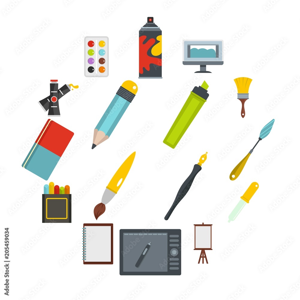 Poster design and drawing tools set in flat style isolated vector illustration