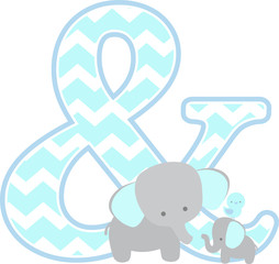 ampersand symbol with cute elephant and little baby elephant isolated on white. can be used for father's day card, baby boy birth announcements, nursery decoration, party theme or birthday invitation