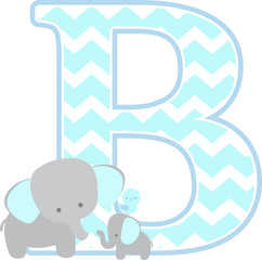 initial b with cute elephant and little baby elephant isolated on white. can be used for father's day card, baby boy birth announcements, nursery decoration, party theme or birthday invitation