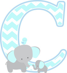 initial c with cute elephant and little baby elephant isolated on white. can be used for father's day card, baby boy birth announcements, nursery decoration, party theme or birthday invitation