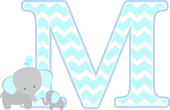 initial m with cute elephant and little baby elephant isolated on white. can be used for father's day card, baby boy birth announcements, nursery decoration, party theme or birthday invitation
