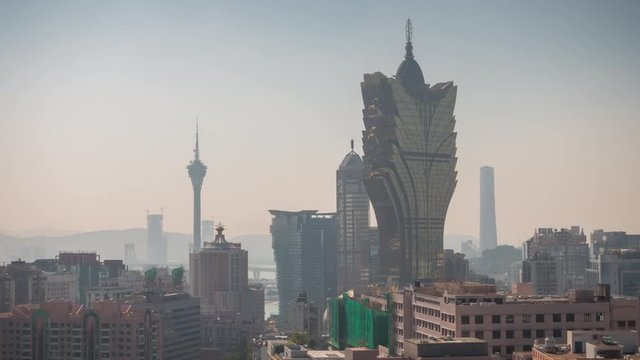 sunny day macau cityscape famous hotels rooftop panorama 4k timelapse china
