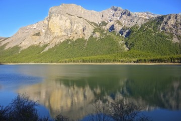 Springtime Landscape view of Scenic Third Ghost Lake and Rocky Mountains near East Boundary of Banff National Park, Alberta Canada