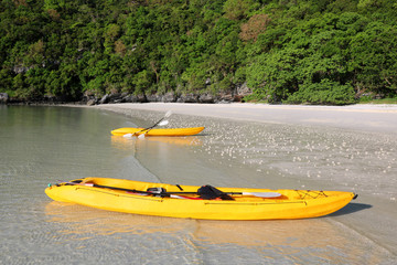 Kayaking on the white sand beach at limestone island