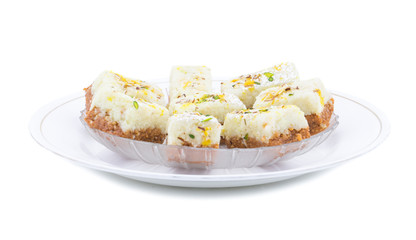 Indian Diwali Sweet Food Kalakand Also Know as Halwa or Mawa Kalakand is a Creamy Delicacy Made From Paneer or Cottage Cheese, The Dish Originated in Alwar, Rajasthan. Isolated on White Background