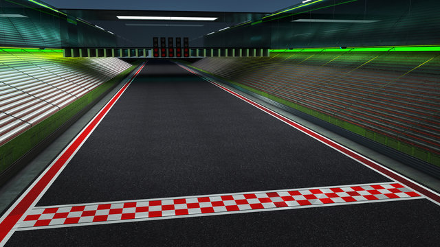 View of the infinity empty asphalt international race track with start and finish line, night scene .  3d rendering .