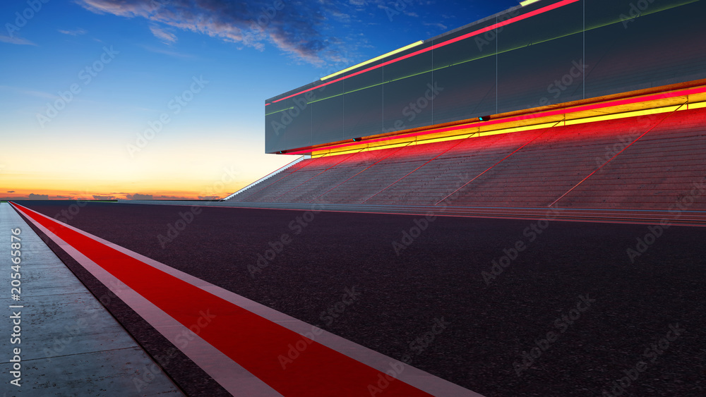 Poster view of the infinity empty asphalt international race track with red and white line, evening scene .
