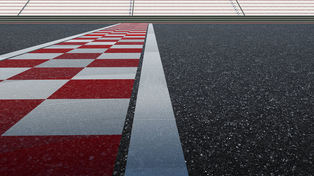 Low angle side view empty asphalt international race track with start and finish line.  3d rendering .