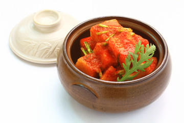 The most famous Korean traditional food Kimchi(Diced Radish Kimchi, Kkakdugi). It's a basic Korean side dish made of vegetables with a variety of seasonings.