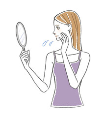 鏡を見る女性 悩む