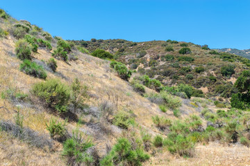 Three layers of Southern California hills covered with brush in desert mountains