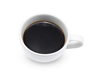 top viewe of coffee in a white cup isolated on white background