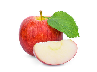 whole and slice red apple with green leaf isolated on white background