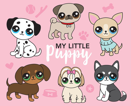 Vector illustration of cute puppy dog including pug, chihuahua, shih tzu, dalmatian, siberian husky, and dachshund collection.