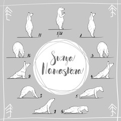 funny yoga with polar bear, fitness white bears, yoga poses, Surya Namaskara meditation. Ashtanga vinyasa yoga poses © KatiaZhe