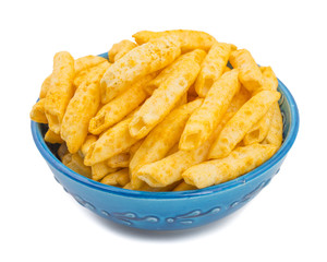 Delicious Lightly Spiced Fries Snack Served in Bowl isolated on White Background