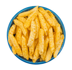 Delicious Lightly Spiced Fries Snack Served in Bowl isolated on White Background
