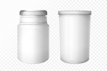 Vector blank medical bottles set on transparent background. 3d white containers for pharmaceutical drugs, pills and supplements. Realistic healthcare medications packaging template.
