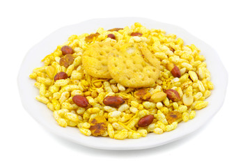 Indian Street Spicy Food Bhel puri is a savoury snack, and is also a type of chaat. It is made of puffed rice, vegetables and a tangy tamarind sauce. isolated on white background