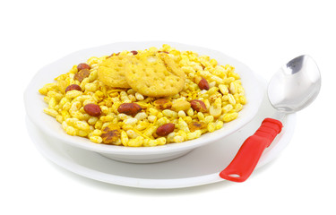 Indian Street Spicy Food Bhel puri is a savoury snack, and is also a type of chaat. It is made of puffed rice, vegetables and a tangy tamarind sauce. isolated on white background