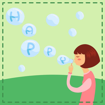 Woman playing soap bubbles. Cute Girl blowing Soap bubble isolated on green field background.