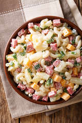 hearty Hawaiian salad with pasta, ham, pineapple, onion, cheddar cheese dressed with mayonnaise close-up. Vertical top view
