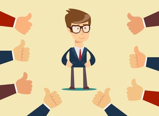 Happy and proud businessman with many thumbs up hands around him. Business compliment concept. Vector illustration