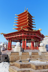 Naklejka premium Pagoda of the Seven Days in spring. Elista. Kalmykia. Russia