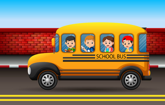 many children on a school bus
