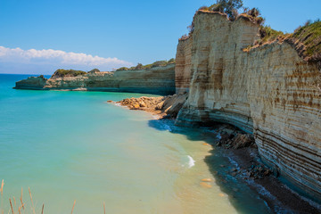 Fototapeta premium Beautiful tropical sea bay. Scenic landscape with mountain islands, rocky cliff and blue lagoon. famous destination of Europe