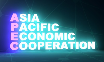 Acronym APEC - Asia Pacific Economic Cooperation. Business conceptual image. 3D rendering. Neon bulb illumination. Global teamwork.