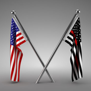 American flag and Firefighter flag - 3d render