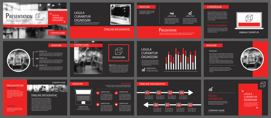 Red and black slide presentation templates background. Infographic business elements. Use for flyer, brochure, leaflet, corporate, marketing, advertising, annual report, banner modern style.
