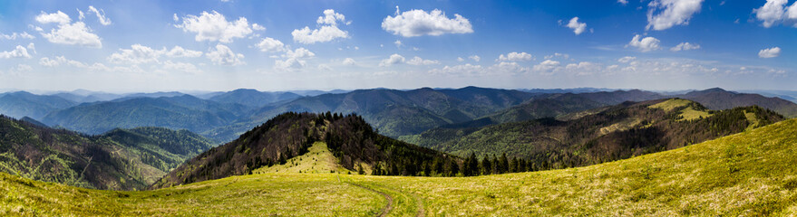 Fototapeta na wymiar Carpathian mountains view from peak of Parashka mount, national park Skolevski beskidy, Lviv region of Western Ukraine