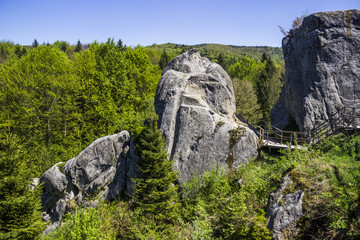 Tustan fortress place. A Medieval cliff-side fortress-city, archaeological and natural monument in Lviv region of Western Ukraine