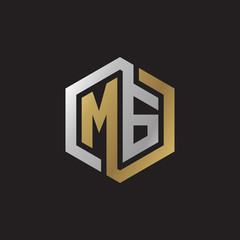 Initial letter MG, looping line, hexagon shape logo, silver gold color on black background