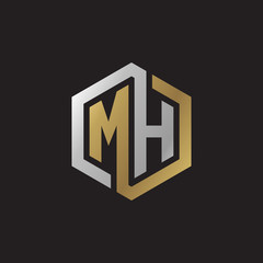 Initial letter MH, looping line, hexagon shape logo, silver gold color on black background