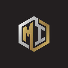 Initial letter MI, looping line, hexagon shape logo, silver gold color on black background