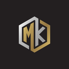 Initial letter MK, looping line, hexagon shape logo, silver gold color on black background