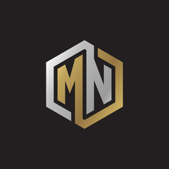 Initial letter MN, looping line, hexagon shape logo, silver gold color on black background