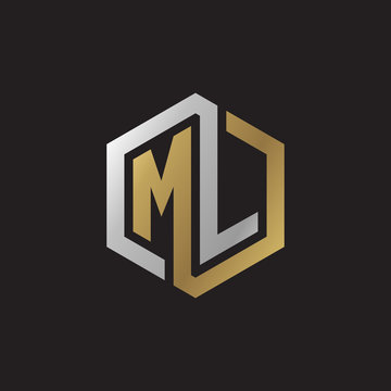Initial letter ML, looping line, hexagon shape logo, silver gold color on black background