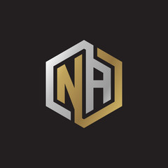 Initial letter NA, looping line, hexagon shape logo, silver gold color on black background