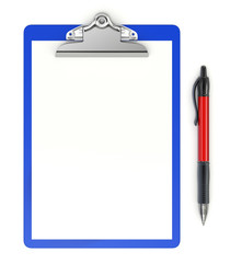 Clipboard with ball pen on white background