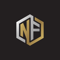 Initial letter NF, looping line, hexagon shape logo, silver gold color on black background
