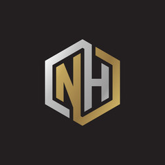 Initial letter NH, looping line, hexagon shape logo, silver gold color on black background