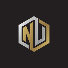 Initial letter NU, looping line, hexagon shape logo, silver gold color on black background