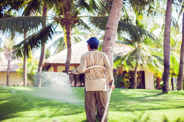 Fototapeta na wymiar man pouring water on the grass in the garden