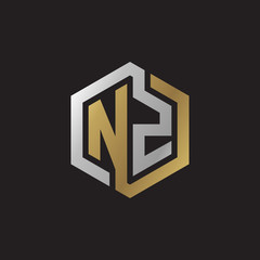 Initial letter NZ, looping line, hexagon shape logo, silver gold color on black background