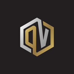 Initial letter OV, looping line, hexagon shape logo, silver gold color on black background