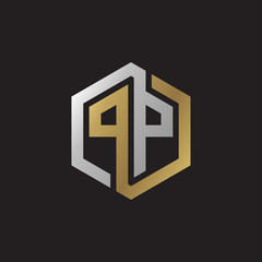 Initial letter PP, looping line, hexagon shape logo, silver gold color on black background